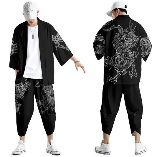 Ensemble haori et pantalon — Dragon blanc au trait