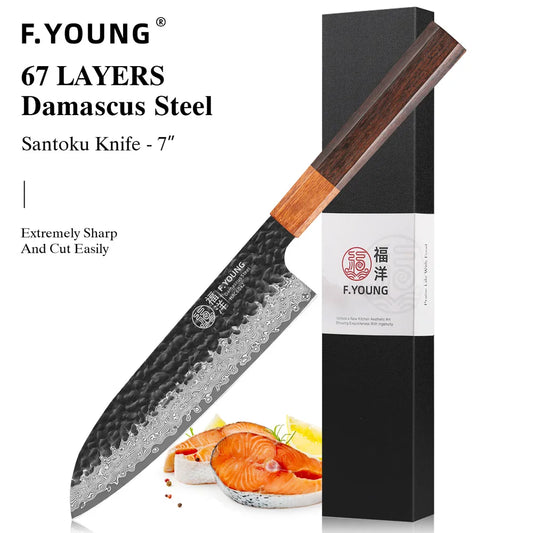 F.YOUNG-Couteau Santoku Japonais, Acier Damas, Tranchant, Viande, Légumes, Cuisine Faite à la Main, Chef Professionnel, Opaque, 7 ", 67 Couches