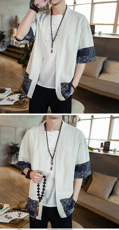 Kimono japonais à manches trois-quarts en coton et lin