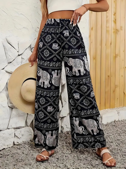 Pantalon à jambes larges imprimé éléphant de Thaïlande pour femmes