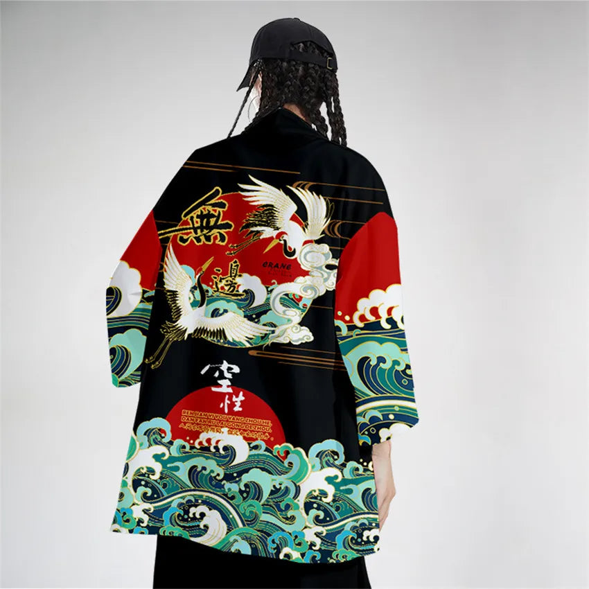 Ensemble haori et pantalon — Grues et vagues sur soleil levant