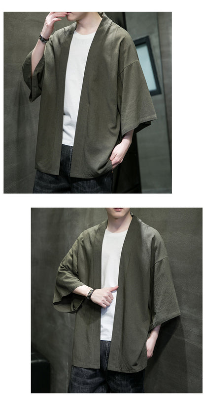 Kimono japonais à manches trois-quarts en coton et lin