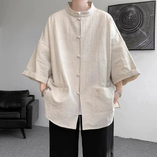 Veste col mao en coton et lin — Beige