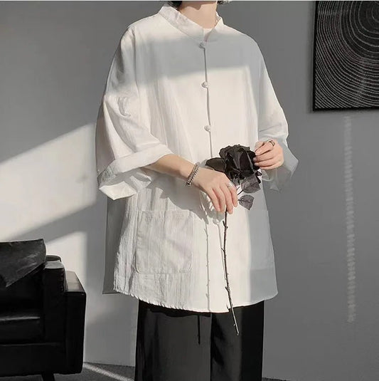 Veste col mao en coton et lin — Blanc