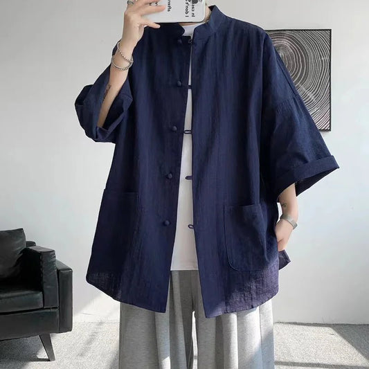 Veste col mao en coton et lin — Bleu marine