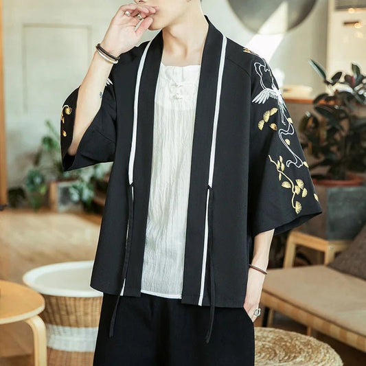 Kimono homme — Grue et ginkgo, noir
