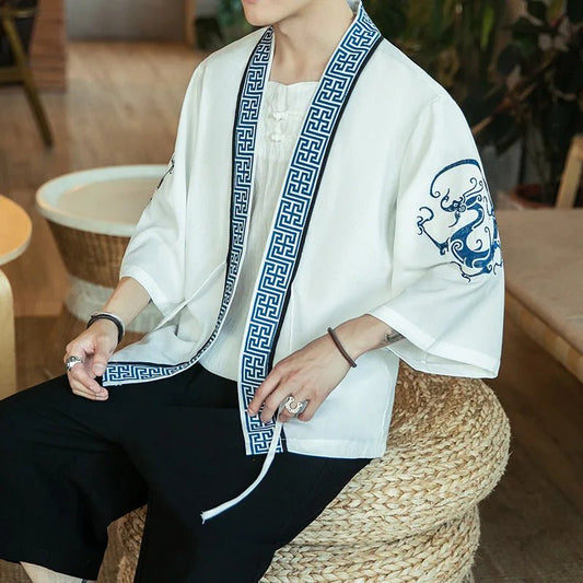 Kimono homme — Dragon bleu, bordure grecque, blanc