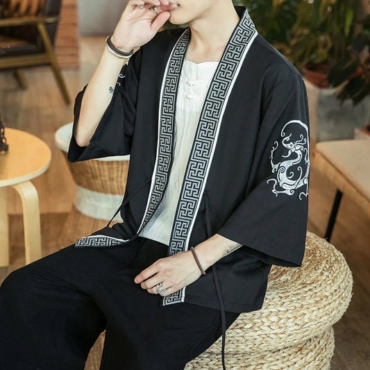 Kimono homme — Dragon blanc, bordure grecque, noir