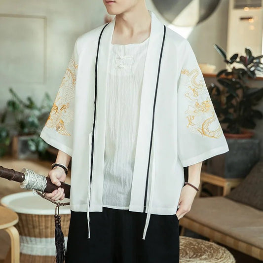 Kimono homme — Vagues dorées, blanc