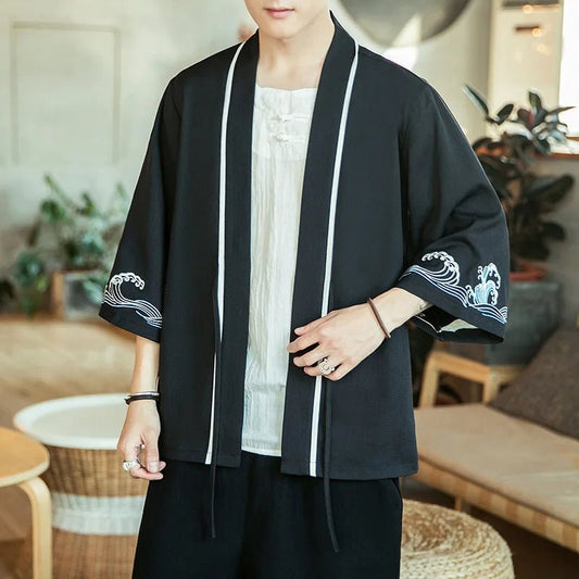 Kimono homme — Vague bleue, noir