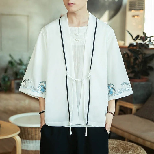 Kimono homme — Vague bleue, blanc