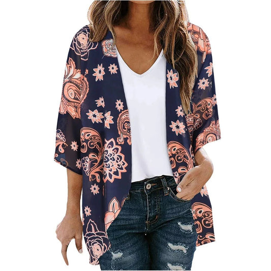 Cardigan de plage — Paisley corail sur bleu marine