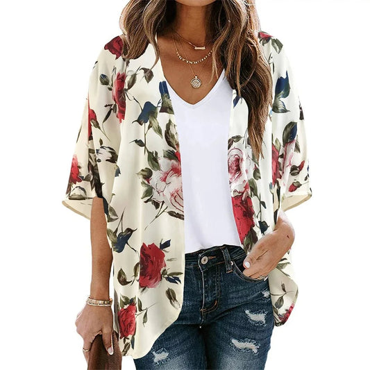 Cardigan de plage — Roses rouges sur crème
