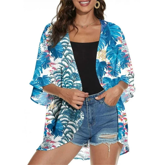 Cardigan de plage — Feuillage tropical bleu