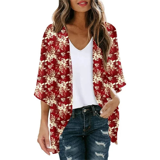 Cardigan de plage — Fleurettes sur bordeaux